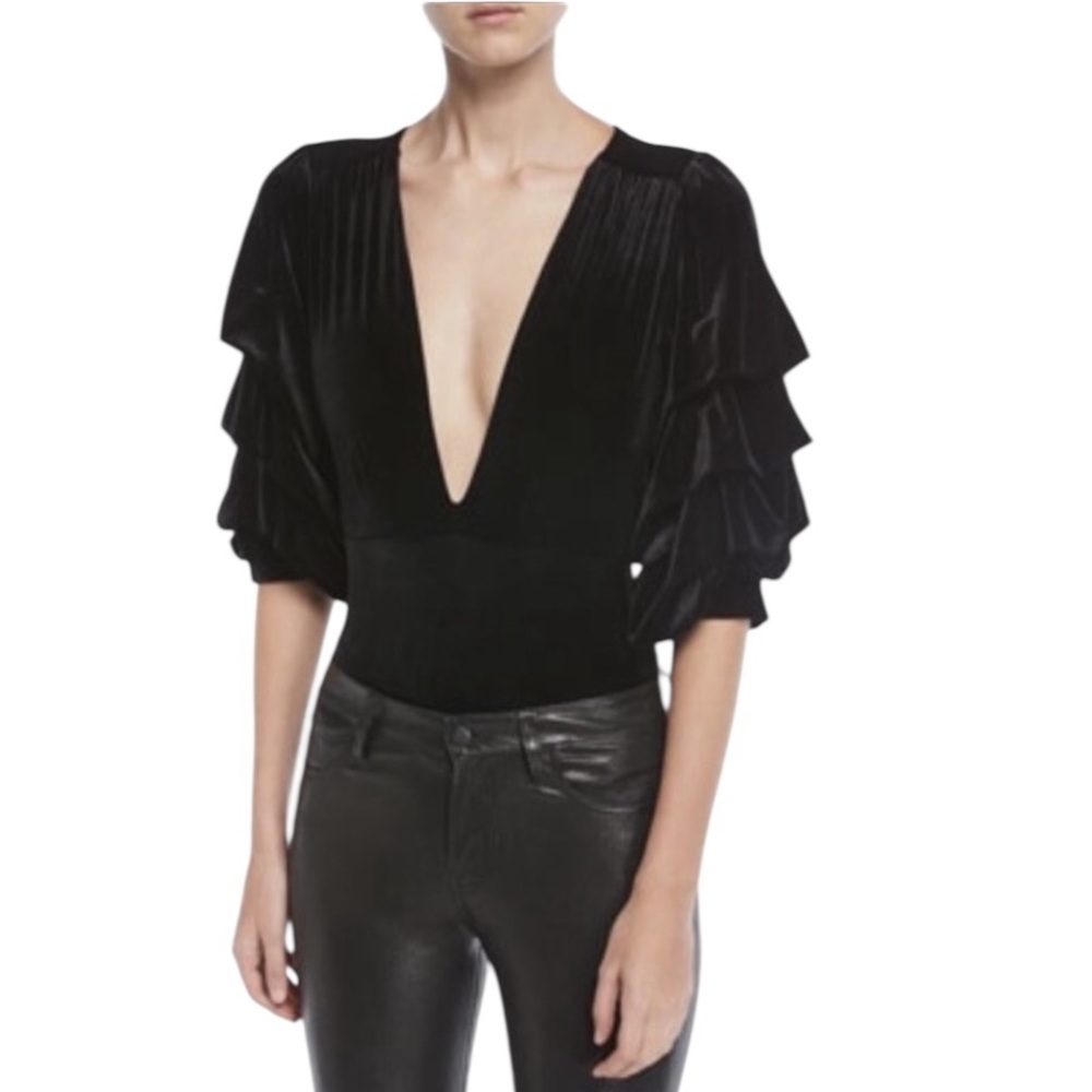 MISA Los Angeles Linde Plunging Ruffled Sleeve Black Velvet Bodysuit‎ SZ Medium